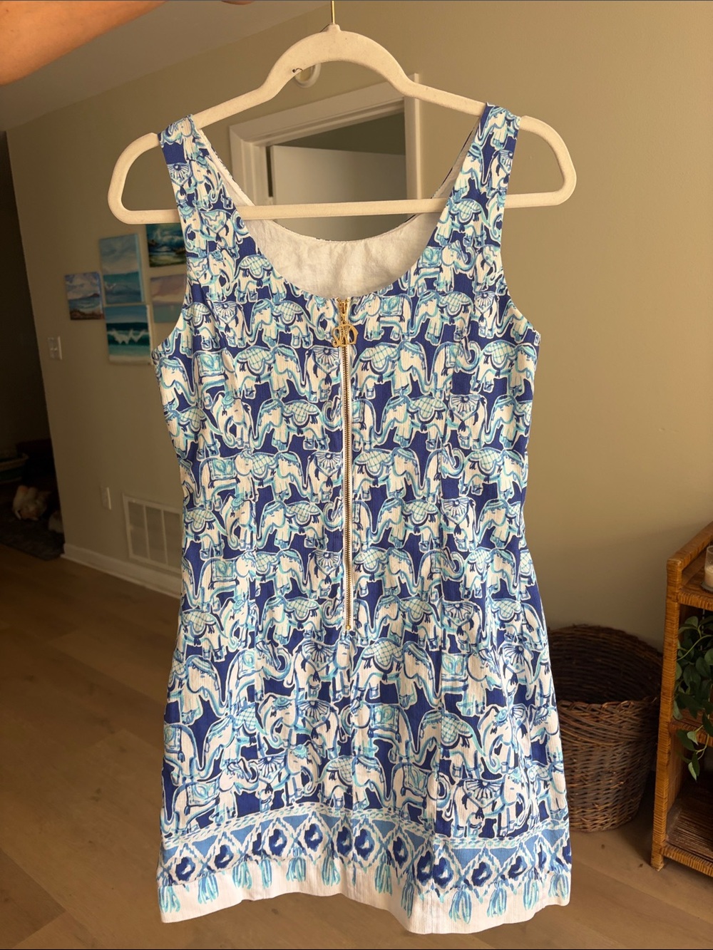 Lilly Pulitzer Blue and White Elephant Print Zip-Front Mini Dress